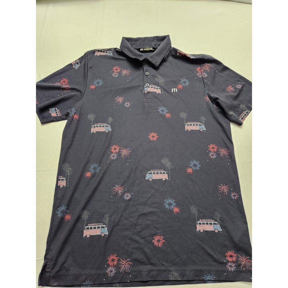 Travis Mathew Polo Shirt Mens Large Blue Firework Display Van Golf USA Patriotic